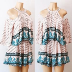 Taupe Pink Mock Neck Cold Shoulder Pleated Romper